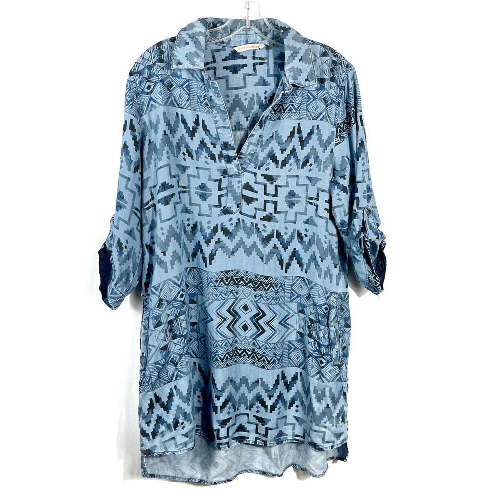 Soft Surroundings Blue Aztec Pattern Roll Tab Sleeve Relaxed Popover Tunic Shirt